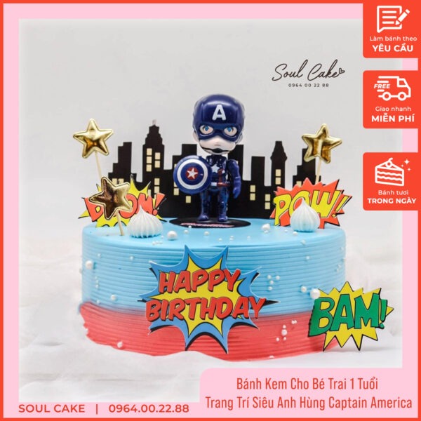 Bánh kem cho bé trai 1 tuổi trang trí Captain America