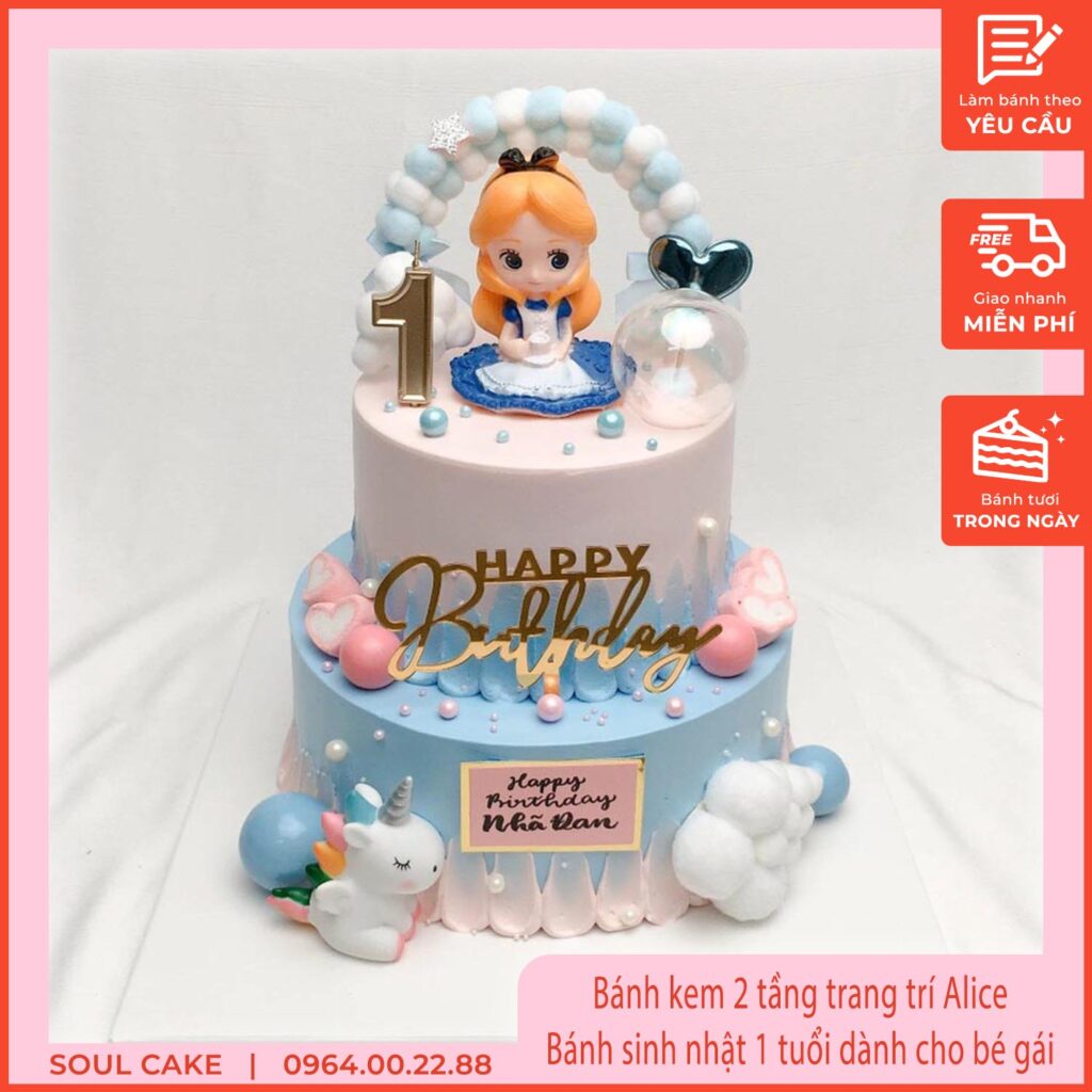 Bánh kem 2 tầng trang trí Alice, Bánh sinh nhật 1 tuổi dành cho bé gái