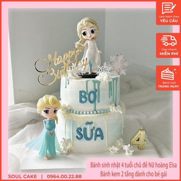 Bánh sinh nhật 4 tuổi chủ đề Nữ hoàng Elsa, Bánh kem 2 tầng dành cho bé gái