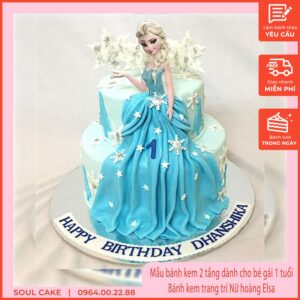 Mẫu bánh kem 2 tầng dành cho bé gái 1 tuổi, Bánh kem trang trí Nữ hoàng Elsa