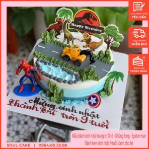 Mẫu bánh sinh nhật trang trí Ô tô - Khủng long - Spider-man, Bánh kem sinh nhật 9 tuổi dành cho bé