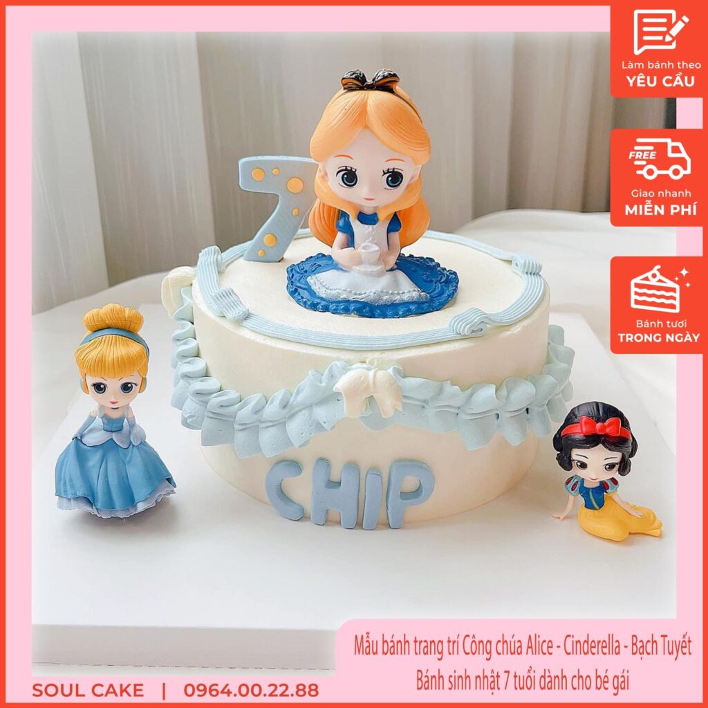 Mẫu bánh trang trí Công chúa Alice - Cinderella - Bạch Tuyết, Bánh sinh nhật 7 tuổi dành cho bé gái