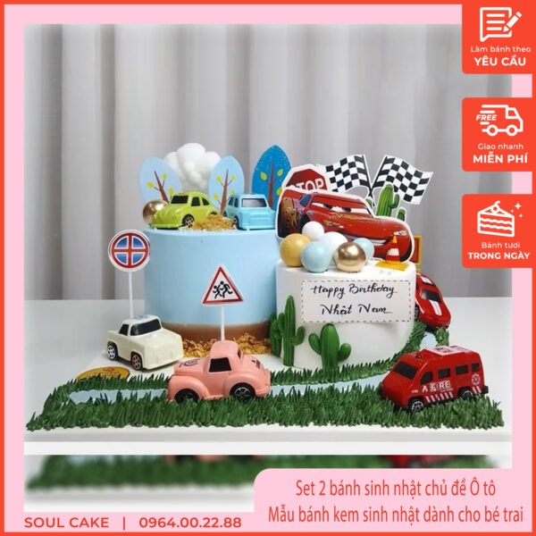 Set 2 bánh sinh nhật chủ đề Ô tô, Mẫu bánh kem sinh nhật dành cho bé trai