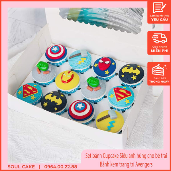 Set bánh Cupcake Siêu anh hùng cho bé trai, Bánh kem trang trí Avengers